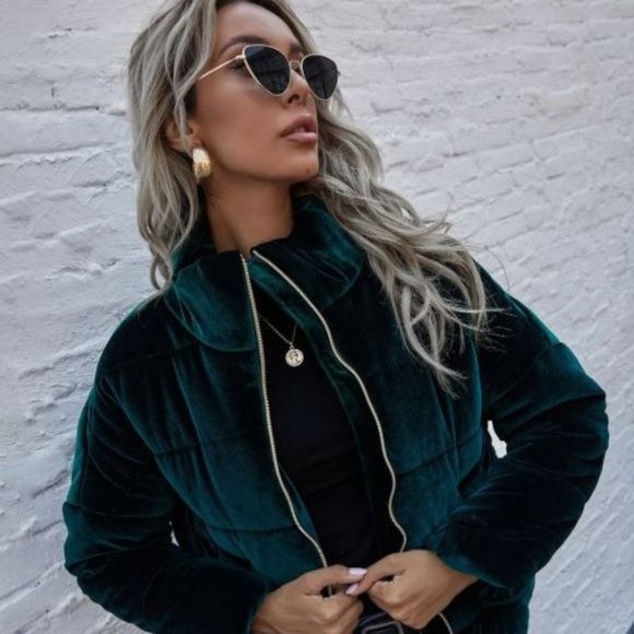 Shein Green Zipup Velvet Puffer Jacket 